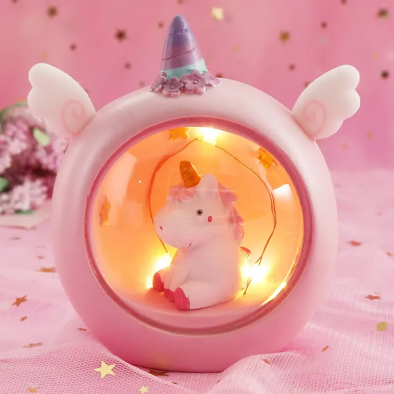 Veilleuse LED ronde avec petite licorne rose ou bleue