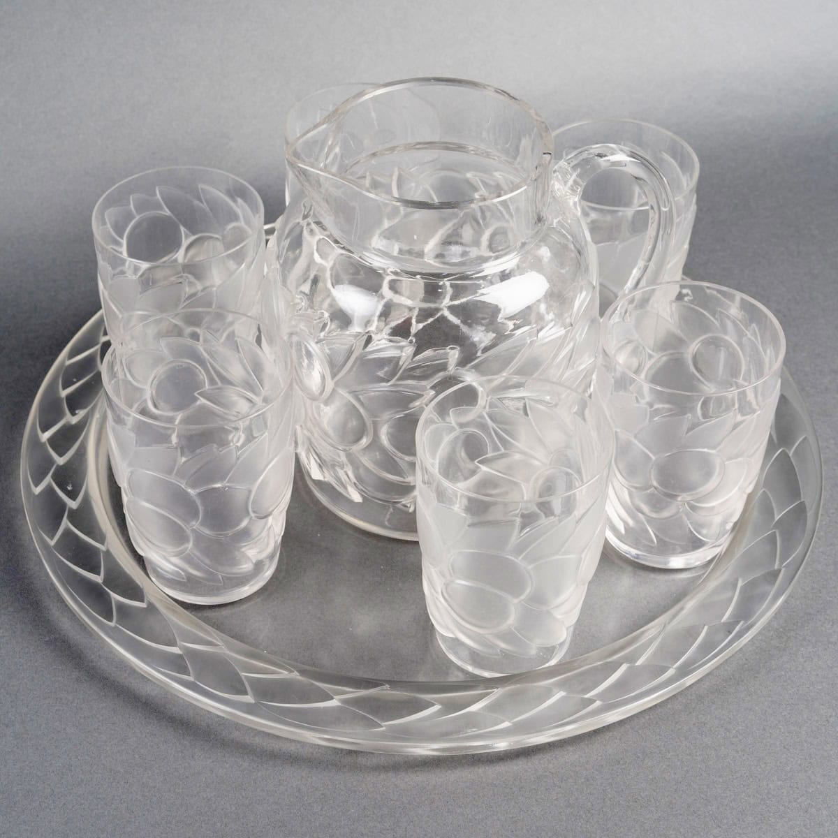1931 René Lalique – Service Blidah Verre Blanc – 6 Verres, 1 Carafe, 1 Plateau – Image 2