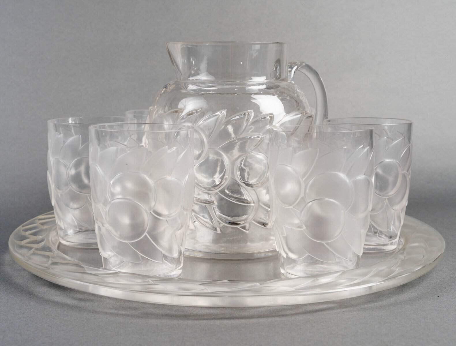 1931 René Lalique – Service Blidah Verre Blanc – 6 Verres, 1 Carafe, 1 Plateau