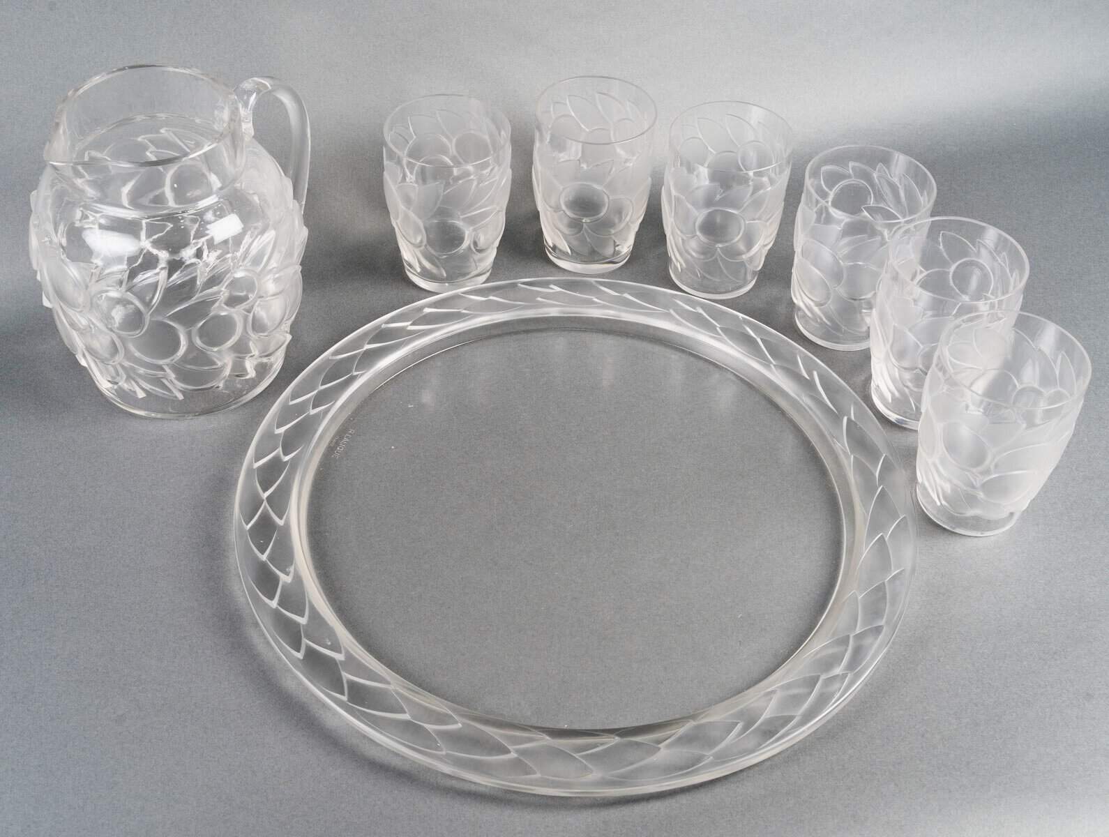 1931 René Lalique – Service Blidah Verre Blanc – 6 Verres, 1 Carafe, 1 Plateau – Image 4