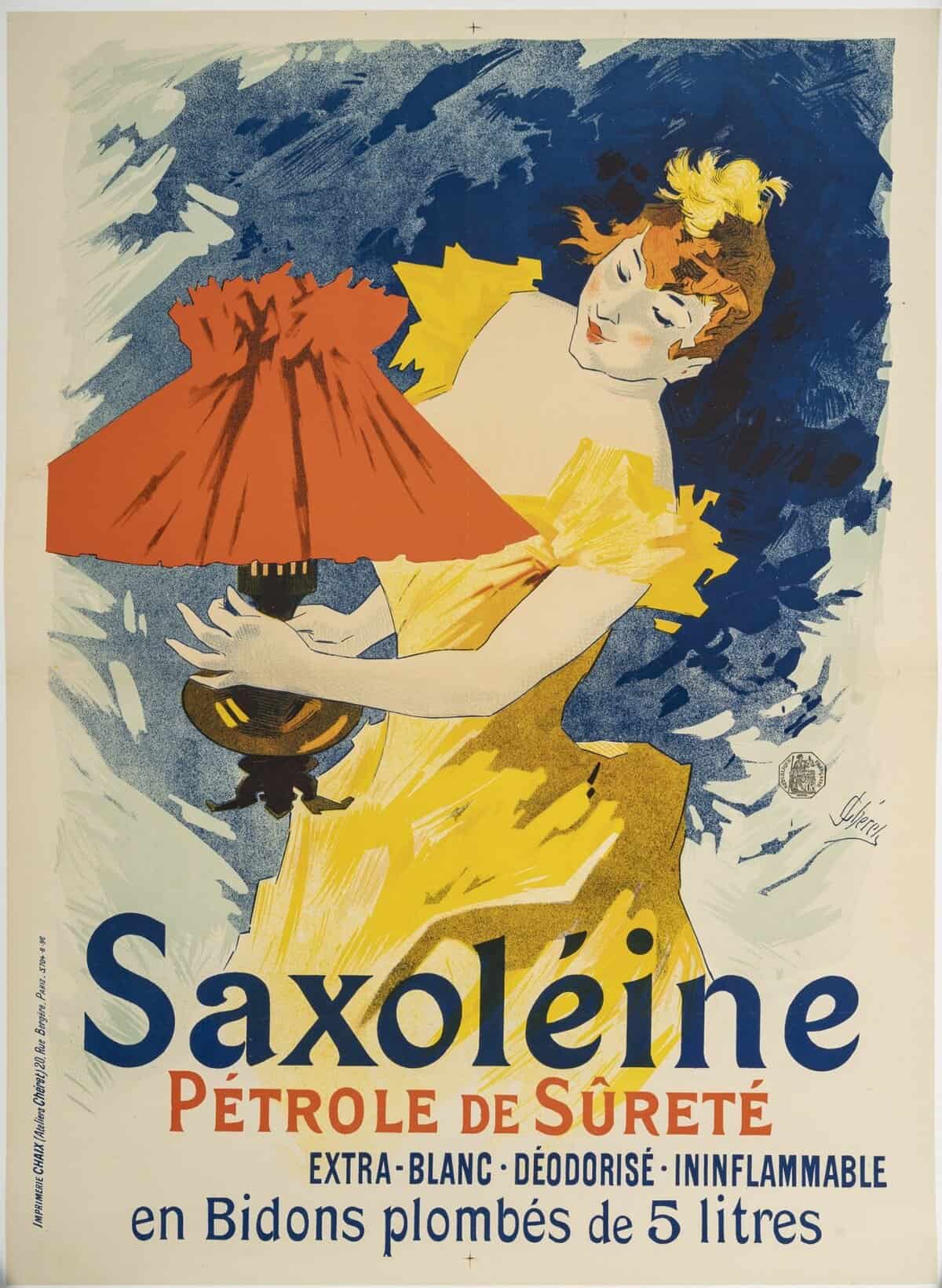 Affiche Originale, Jules Chéret, Saxoléine, Belle Epoque, Pétrole, Lampe, Lumière, Luminaire, Eclairage, Essence, Flamme, Combustible, Femme, Chérette, c.1895